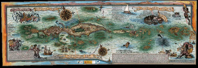 Carte ancienne illustrant une île, des navires et des personnages fantastiques