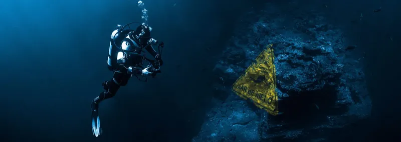 Plongeur explorant un récif rocheux bleu et profond