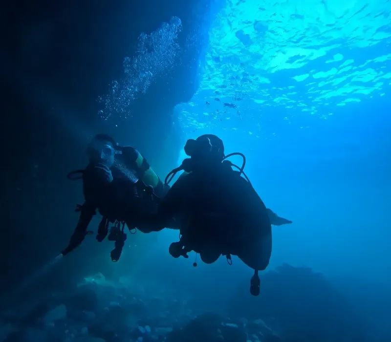 Deux plongeurs explorent un récif sous-marin dans une eau bleue