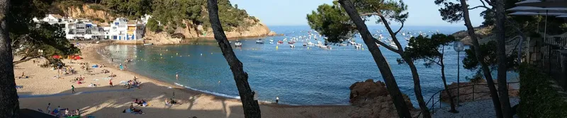 Vue panoramique d'une plage ensoleillée avec des baigneurs et des bateaux