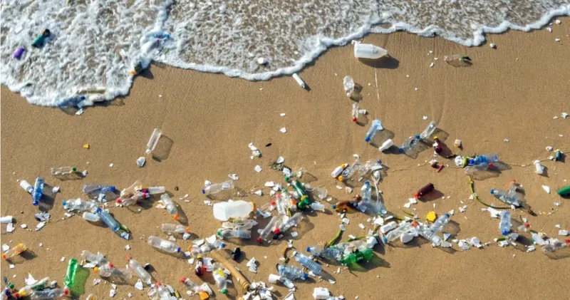Plage jonchée de déchets plastiques, vagues et quelques personnes au loin