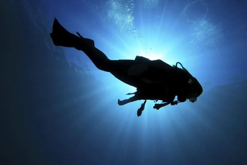 Plongeur en silhouette, descendant dans une eau bleue éclairée par le soleil