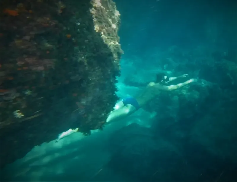 Plongeur explore un récif rocheux sous l'eau en nageant librement