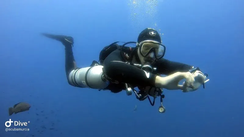 Plongeur en combinaison noire nageant sous l'eau avec masque et détendeur