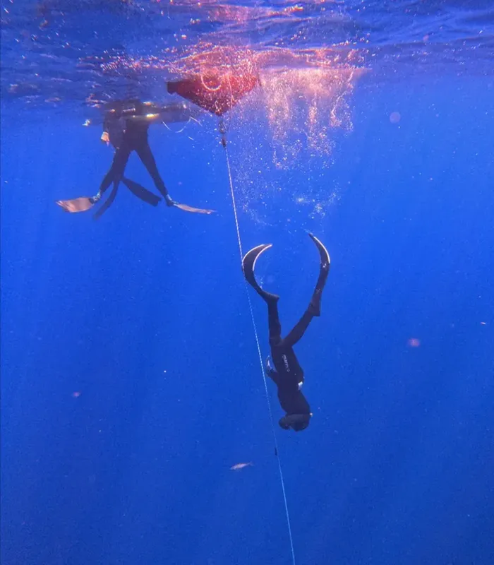 Deux plongeurs en apnée évoluent dans une eau bleue et claire