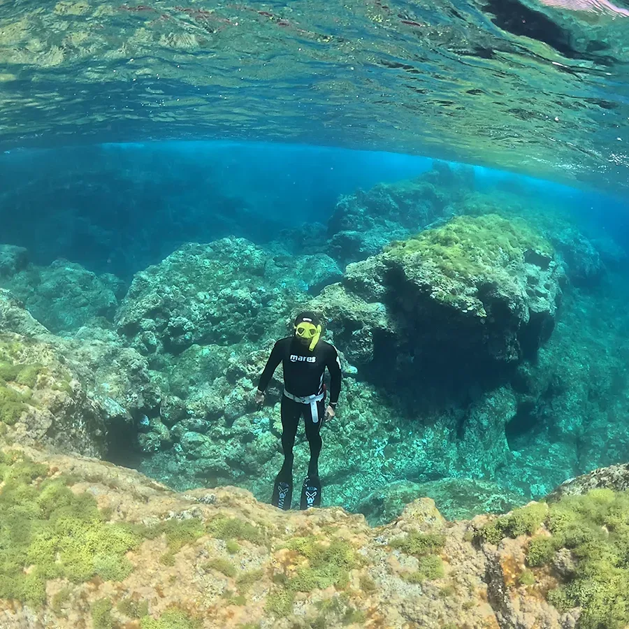 Plongeur explorant un fond marin rocheux en combinaison complète