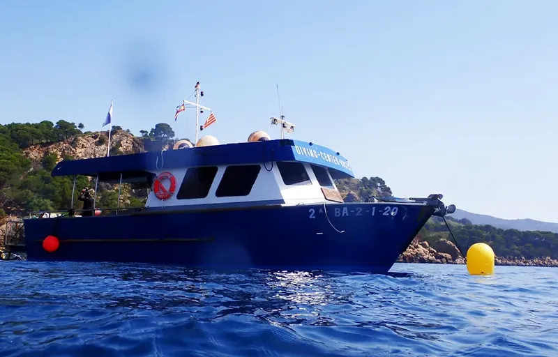 Bateau de plongée bleu et blanc sur une mer calme ensoleillée