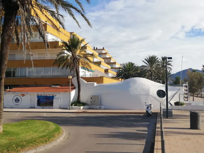 Façade d'un centre de plongée avec architecture moderne et palmiers