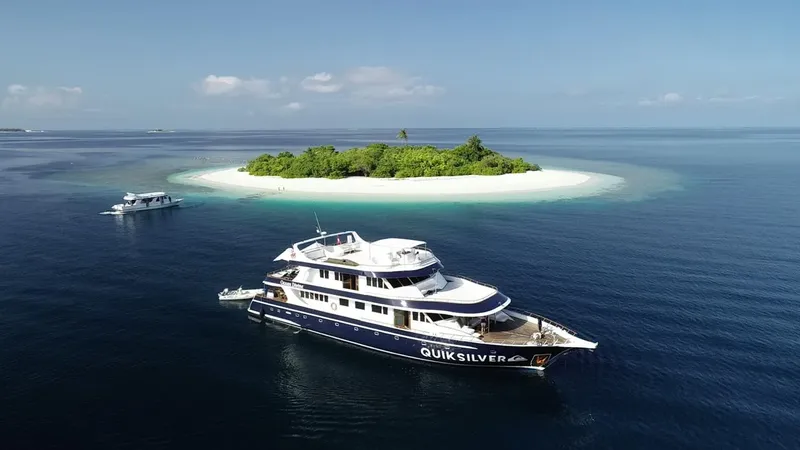 Deux bateaux de plongée naviguent vers une petite île tropicale