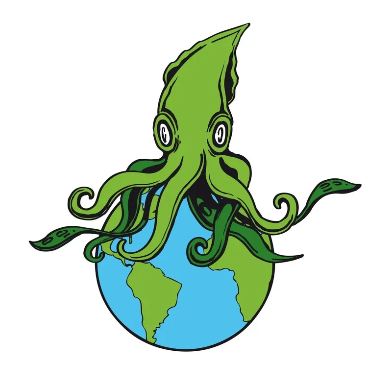 Calamar vert enroulé autour d'un globe terrestre bleu et vert