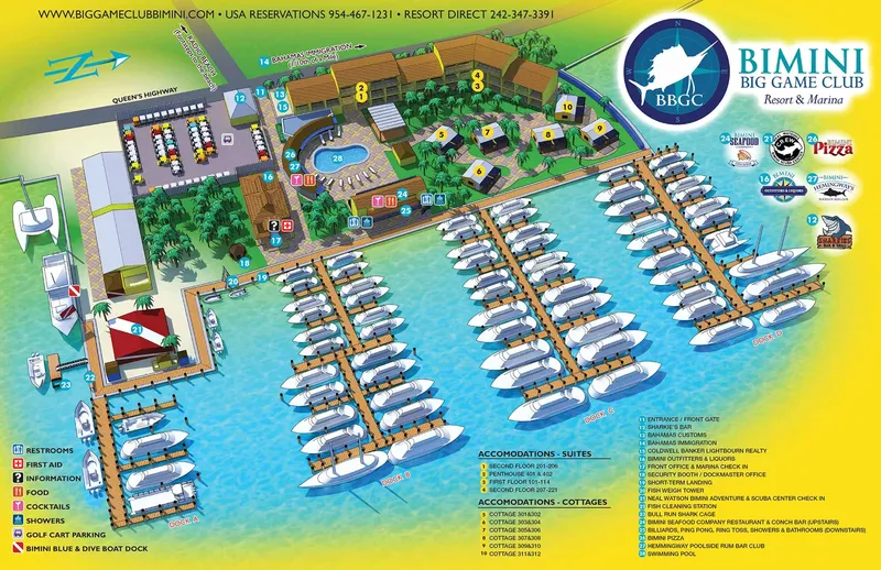 Plan d'un complexe hôtelier avec marina, piscines et accès à la mer