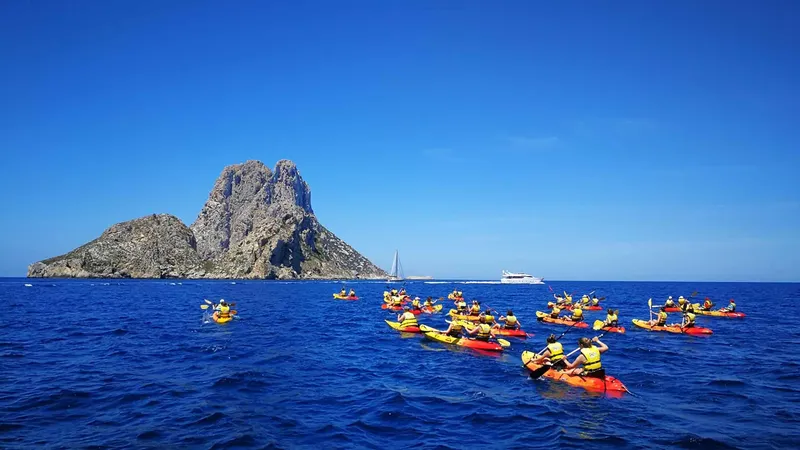 Groupe de kayaks en mer avec une formation rocheuse en arrière-plan