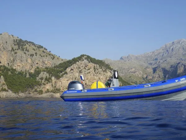Bateau semi-rigide bleu et gris navigue devant une côte montagneuse