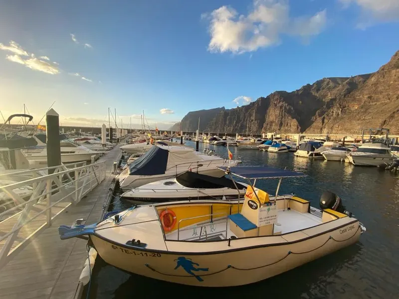 Bateau de plongée amarré dans un port ensoleillé avec des montagnes