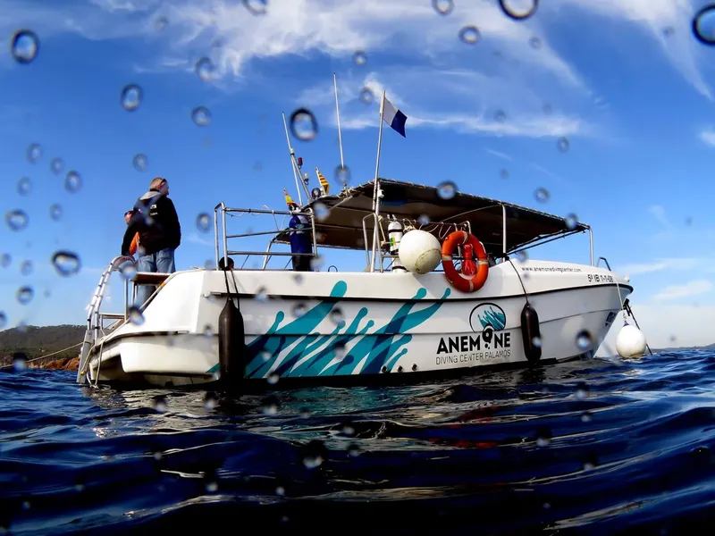 Bateau de plongée blanc et bleu avec des personnes à bord et bulles