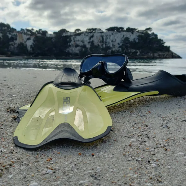 Palmes, masque et tuba sur une plage de galets gris