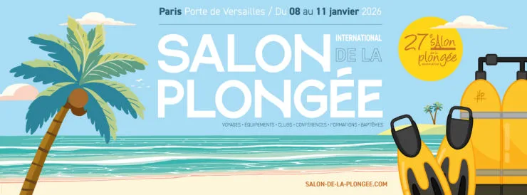 Affiche du salon de la plongée avec palmes et bouteilles jaunes