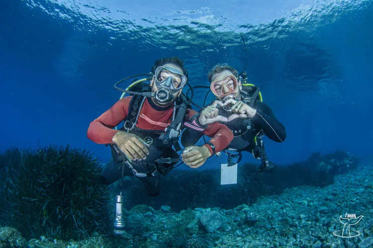 Deux plongeurs souriants, équipés, posent sous la surface de l'eau