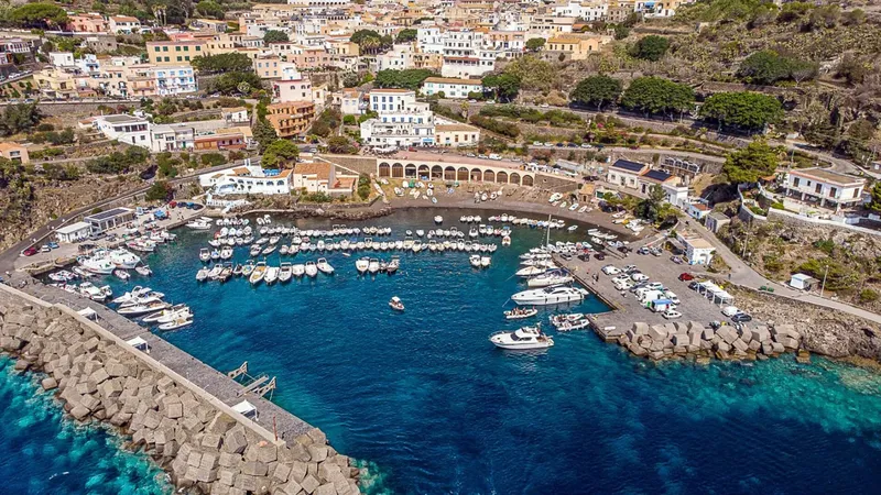 Vue aérienne d'un port de plaisance avec des bateaux et un village