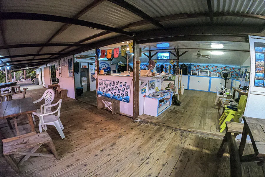 Terrasse couverte d'un centre de plongée avec matériel et comptoir d'accueil