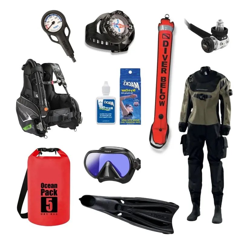 Équipement complet de plongée : gilet, détendeur, masque, palmes, ordinateur