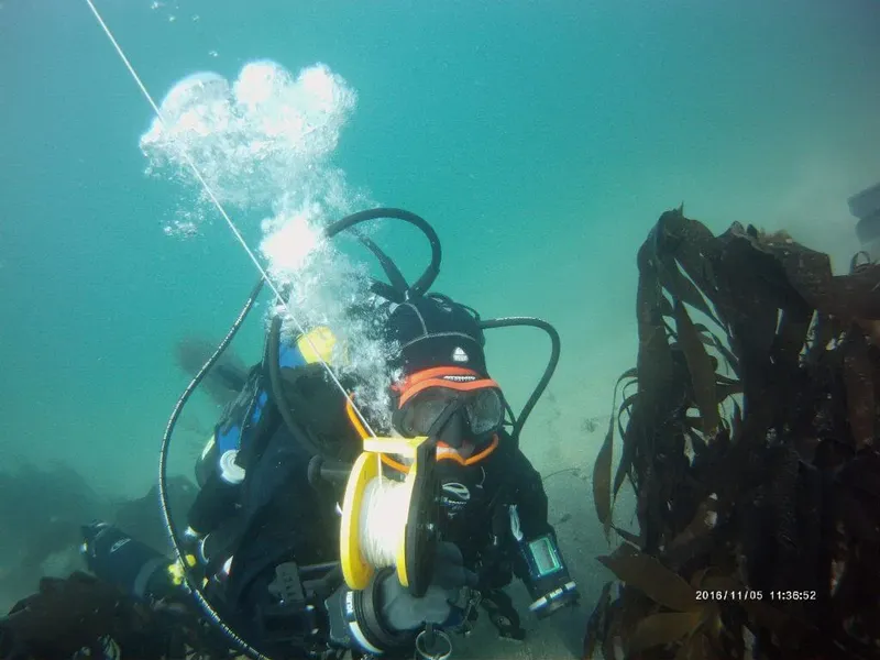 Plongeur en combinaison noire équipé, bulles remontant dans l'eau