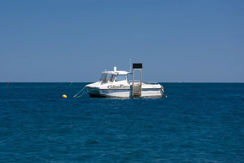 Bateau de plongée blanc et jaune sur une mer bleue calme