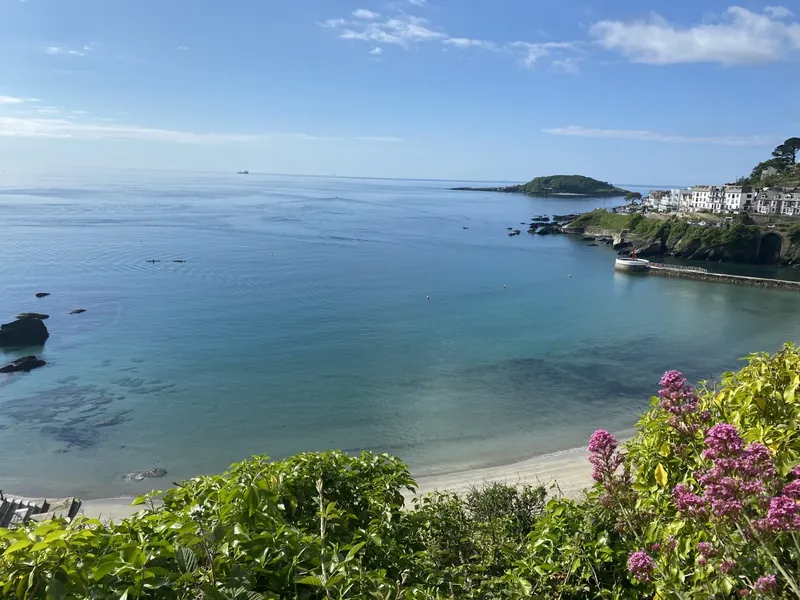 Vue d'une crique avec des bateaux, une plage et des bâtiments côtiers