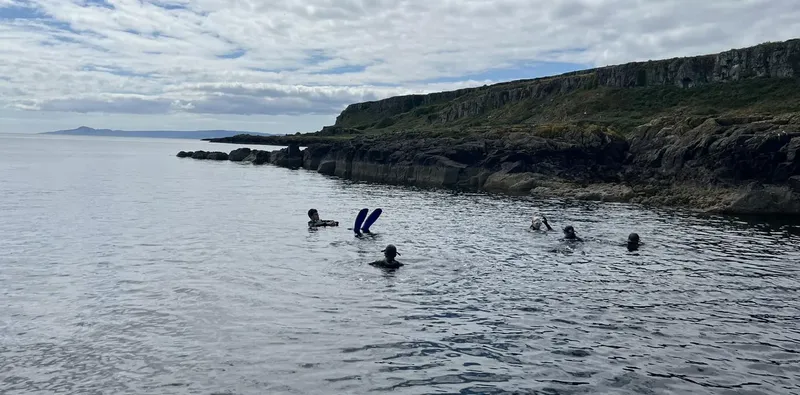 Groupe de plongeurs en surface près d'une côte rocheuse