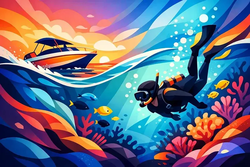 Plongeur explorant un récif coloré avec un bateau en arrière-plan