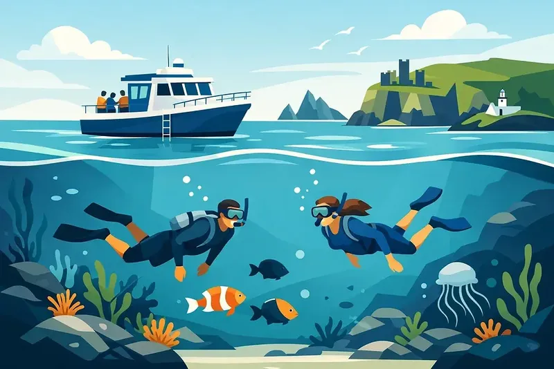 Deux plongeurs explorent un récif corallien avec des poissons colorés