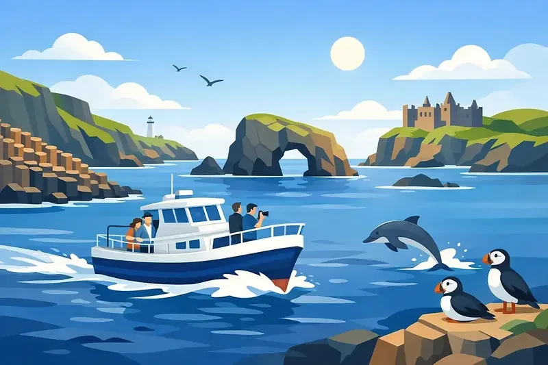 Bateau de tourisme, dauphins sautant, macareux, côte rocheuse et château