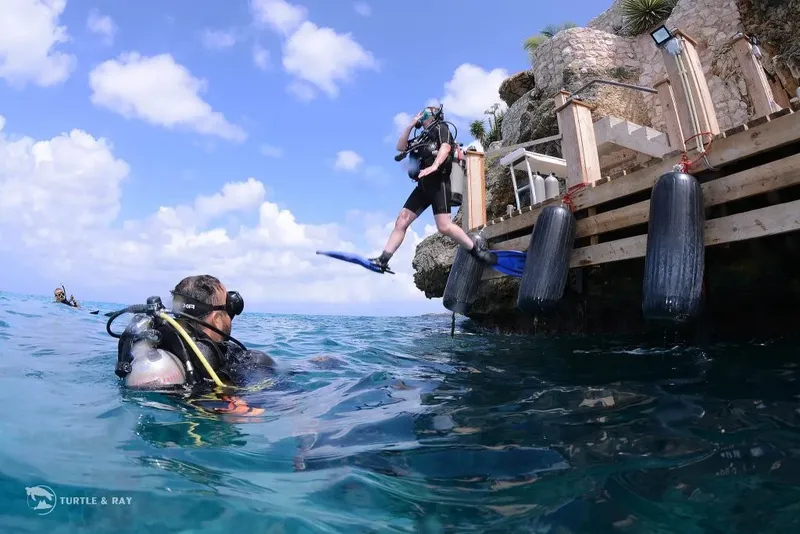 Plongeurs s'apprêtent à entrer dans l'eau depuis un ponton rocheux