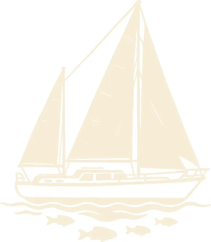 Voilier beige naviguant sur une mer calme avec des poissons
