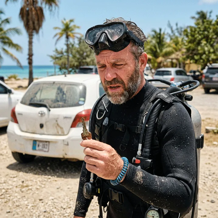 Plongeur en combinaison examine une vieille clef rouillée sur la plage