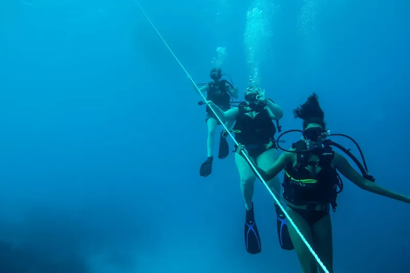 Trois plongeurs équipés évoluent dans une eau bleue et claire