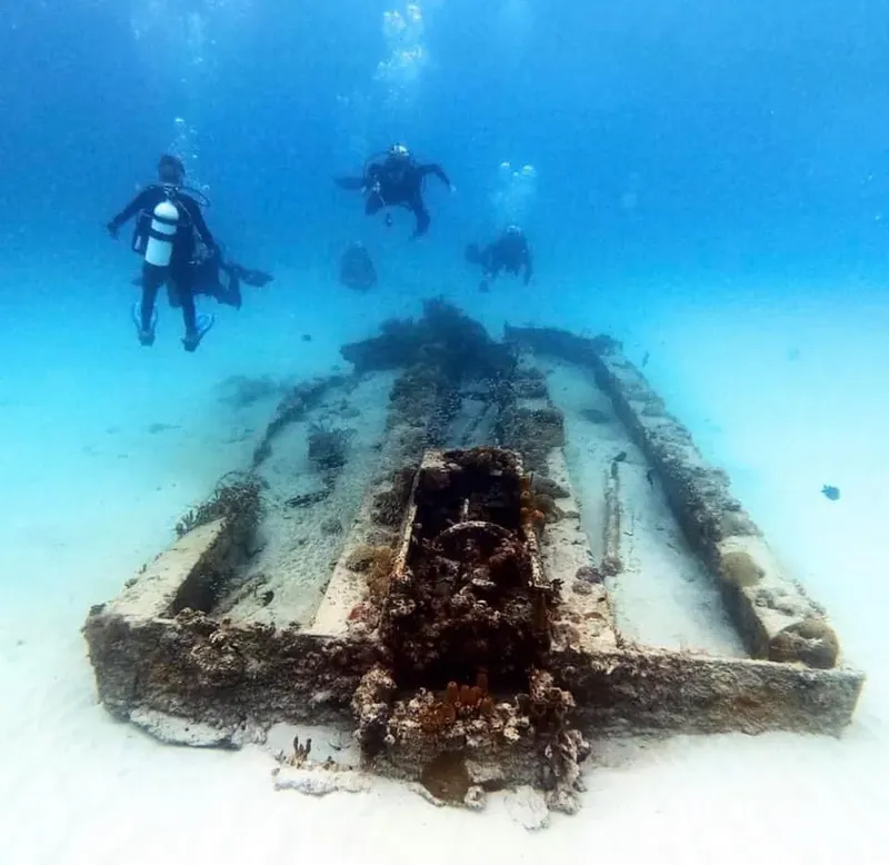 Plongeurs explorant l'épave d'un bateau sur un fond sablonneux