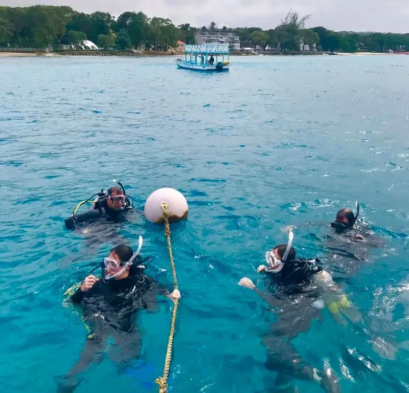 Plongeurs en surface, équipés, près d'une bouée et d'un bateau