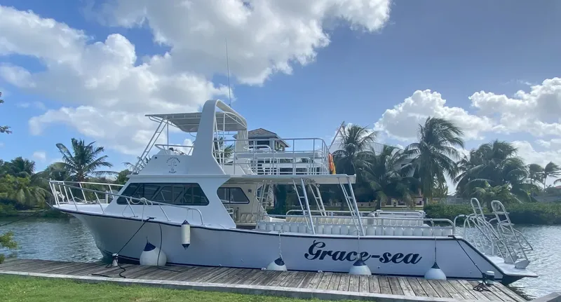 Bateau de plongée amarré à un ponton sous un ciel nuageux