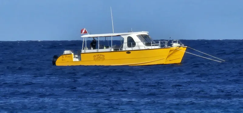 Bateau jaune de plongée en mer avec quelques personnes à bord