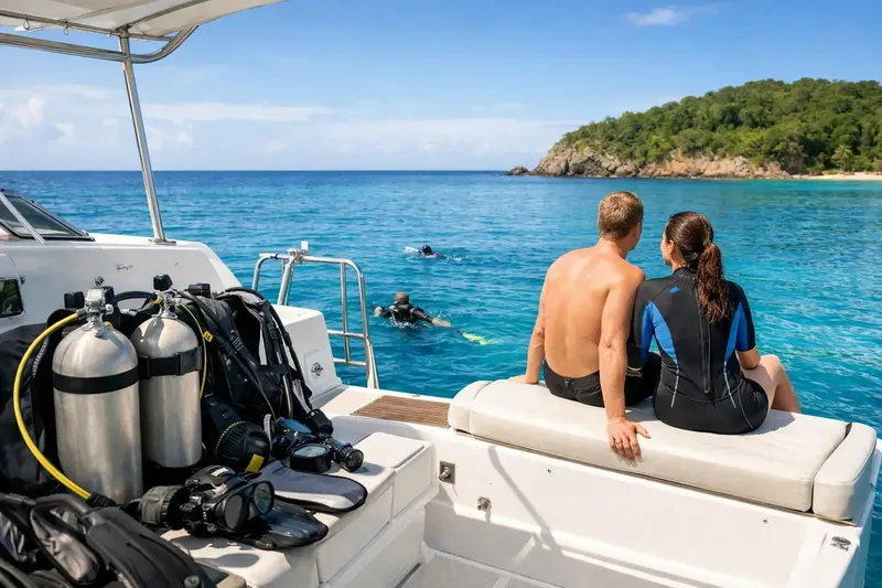 Couple de plongeurs sur un bateau, vue sur la mer et l'île