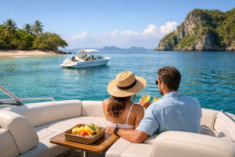 Couple sur bateau, vue mer, autre bateau en arrière-plan, fruits