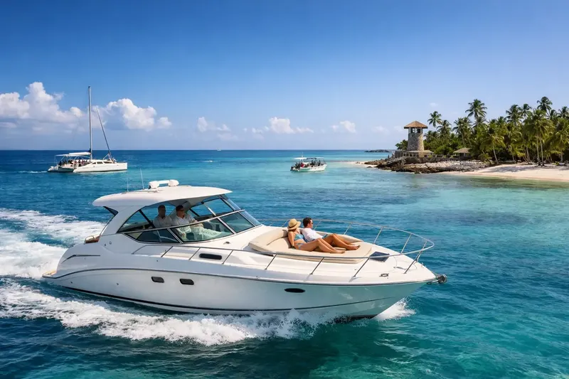 Bateau de plaisance navigue sur une mer turquoise avec des passagers