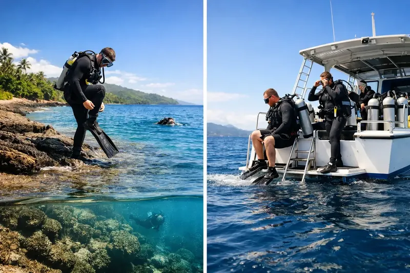 Plongeurs s'équipent pour une immersion en mer, récif corallien visible