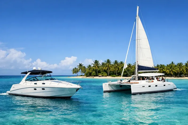 Deux bateaux naviguent sur une eau turquoise près d'une île