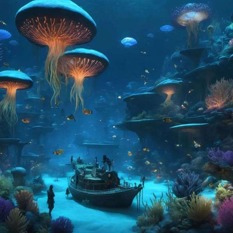 Scène sous-marine avec bateau, méduses lumineuses et poissons colorés