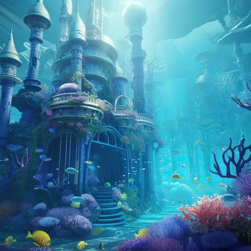 Ruines sous-marines avec poissons, coraux et architecture fantastique