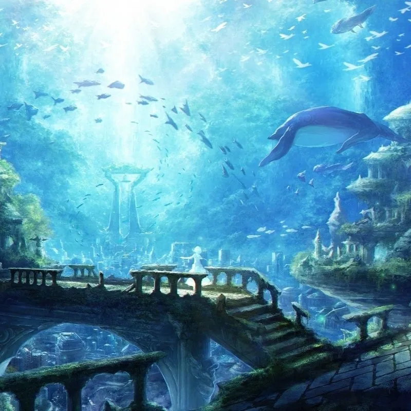 Raie manta nageant au-dessus de ruines antiques sous l'eau avec poissons