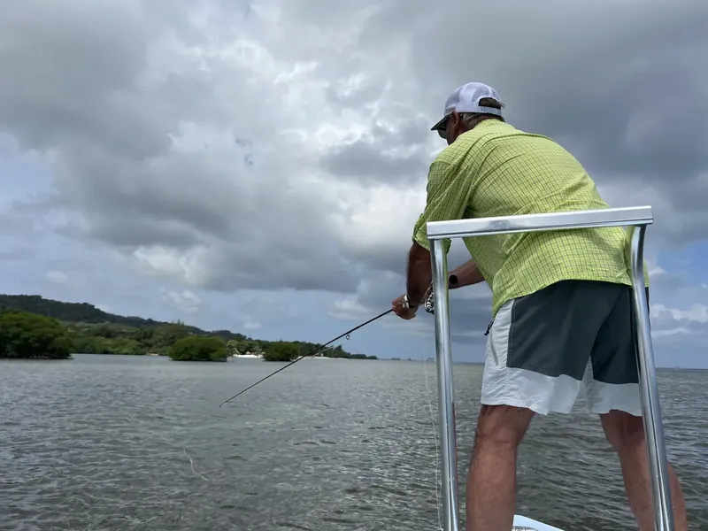 Homme pêchant en mer sous un ciel nuageux, vue arrière