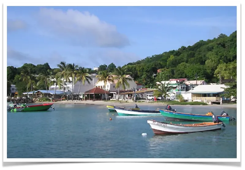 Plage avec bateaux colorés amarrés devant des bâtiments et végétation